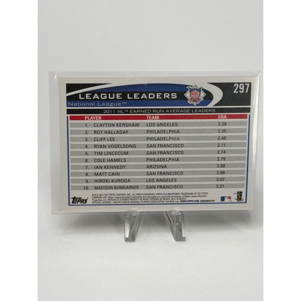2012 Topps 297 Clayton Kershaw Roy‎ Halladay Cliff Lee 2011 NL ERA Leaders Card
